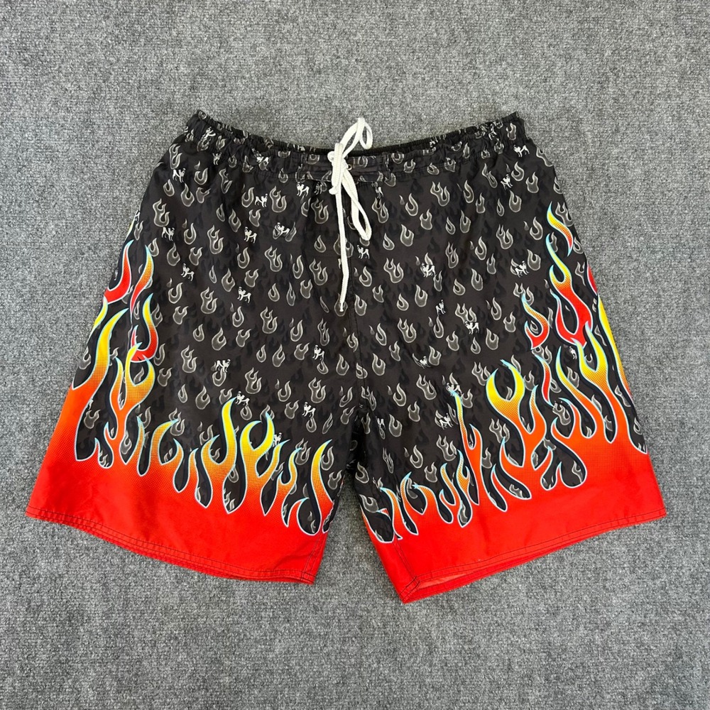 Big Dogs Mens Flame Print Swim Trunks XL Grey Red Fire Logo Board Shorts Y2K